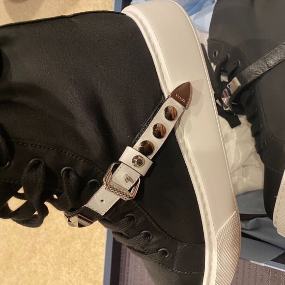 Prada  Black Tessuto Studded Strap High Sneaker - Picture 2 of 8